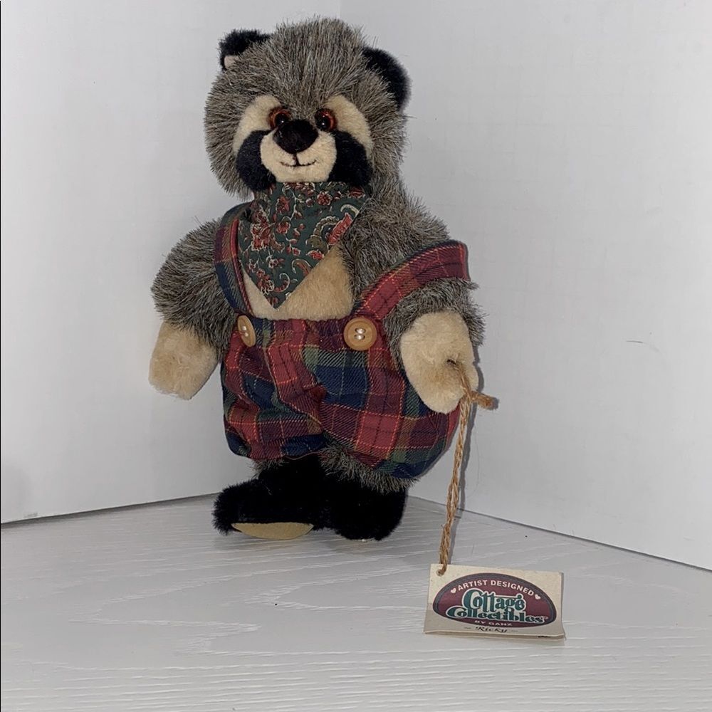 Vintage Ganz Cottage Collection Ricky Plush Raccoon Toy with Plaid Overalls